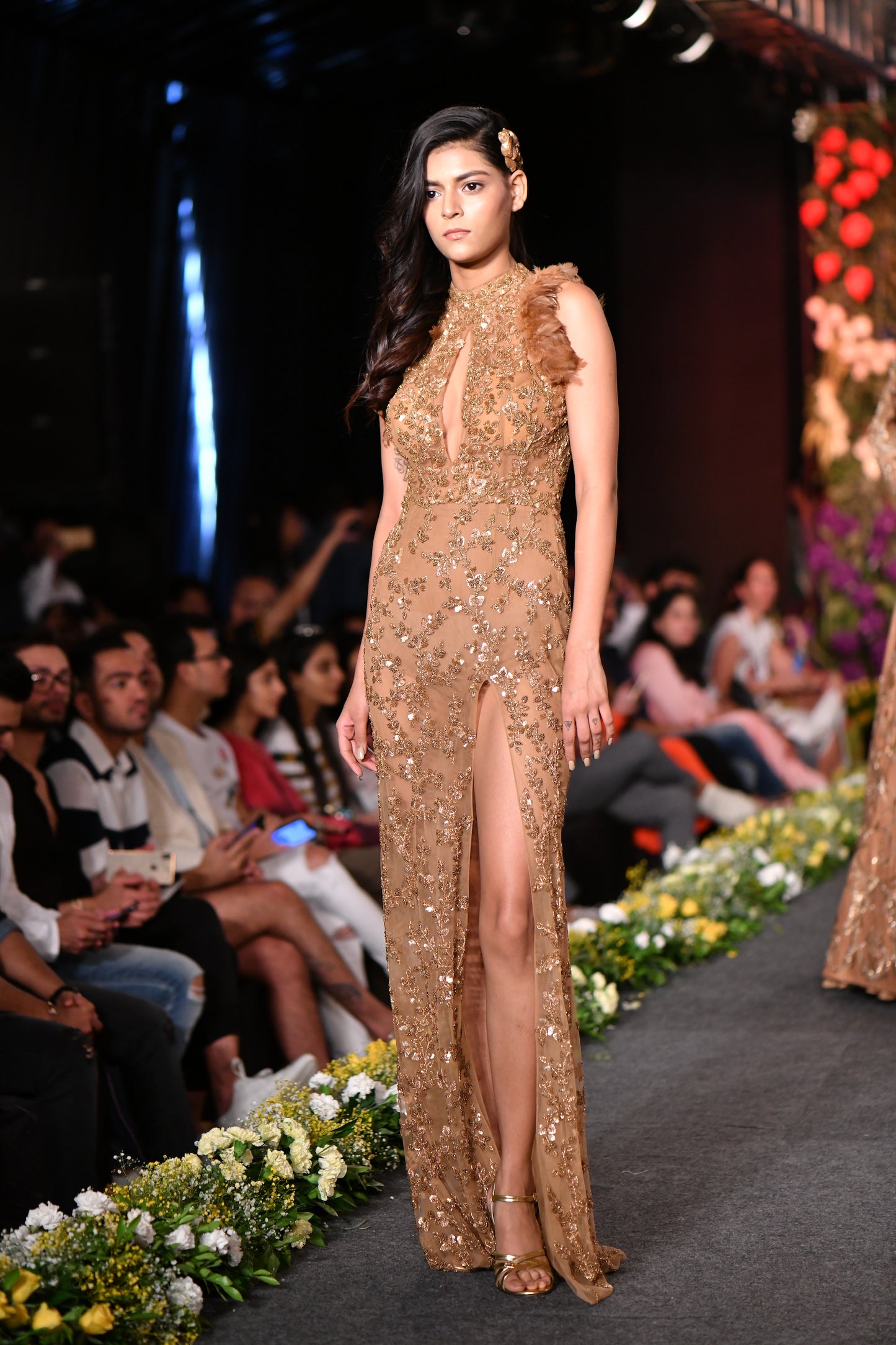Keyhole cutout gold embellished high slit gown