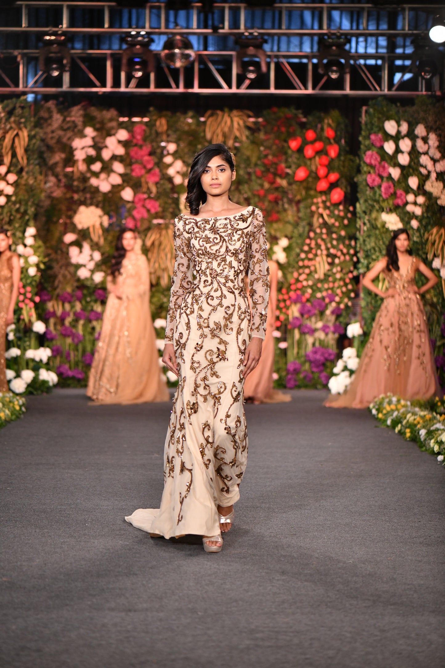 Off shoulder embellished A Line Gown- Crème
