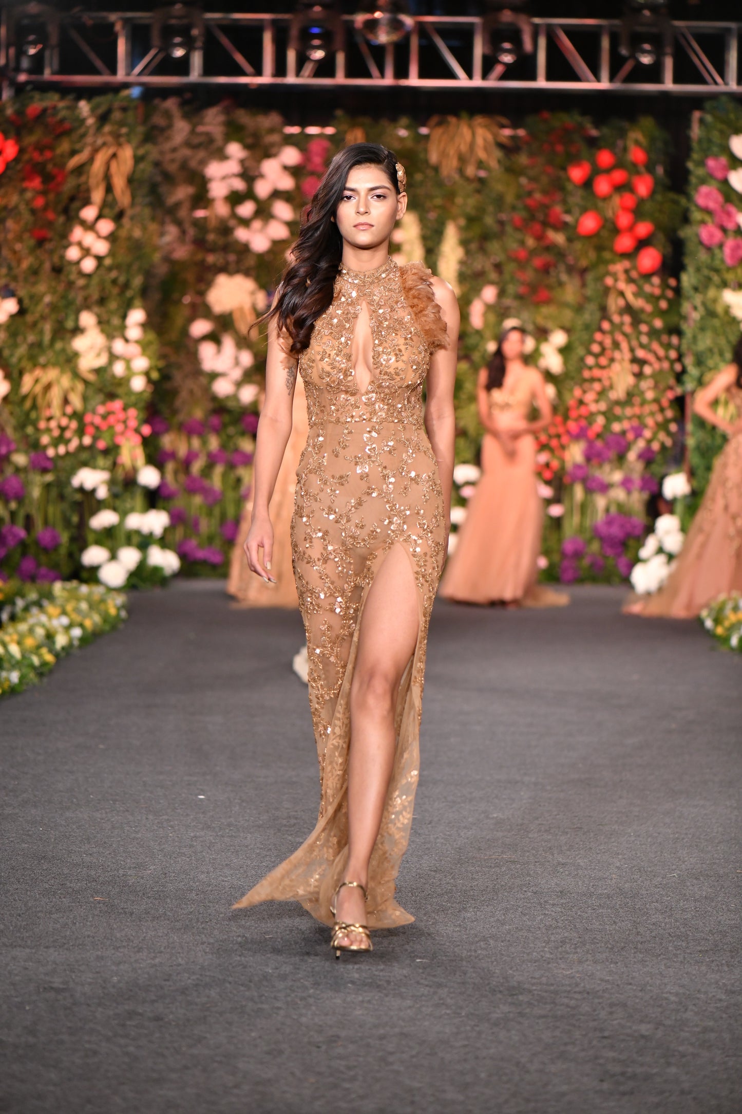 Keyhole cutout gold embellished high slit gown