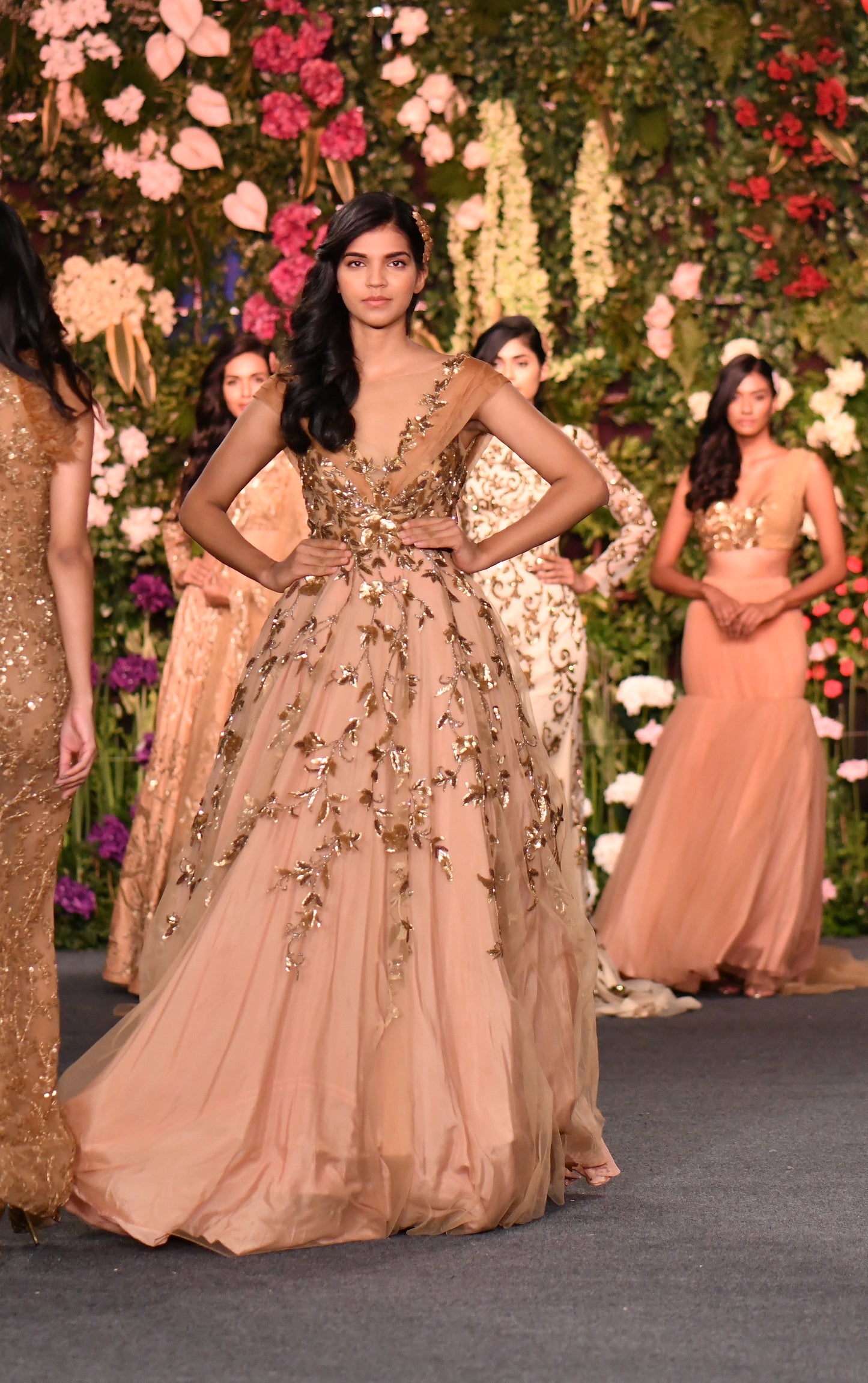 Leaf embellished sheer gown