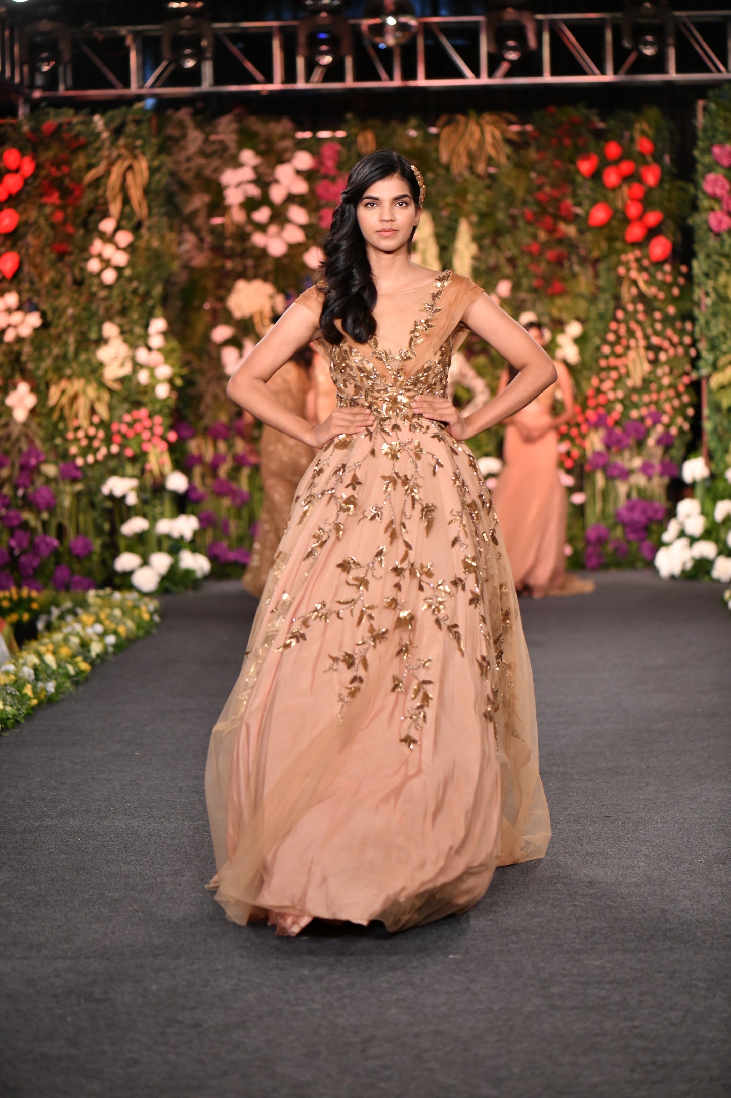 Leaf embellished sheer gown