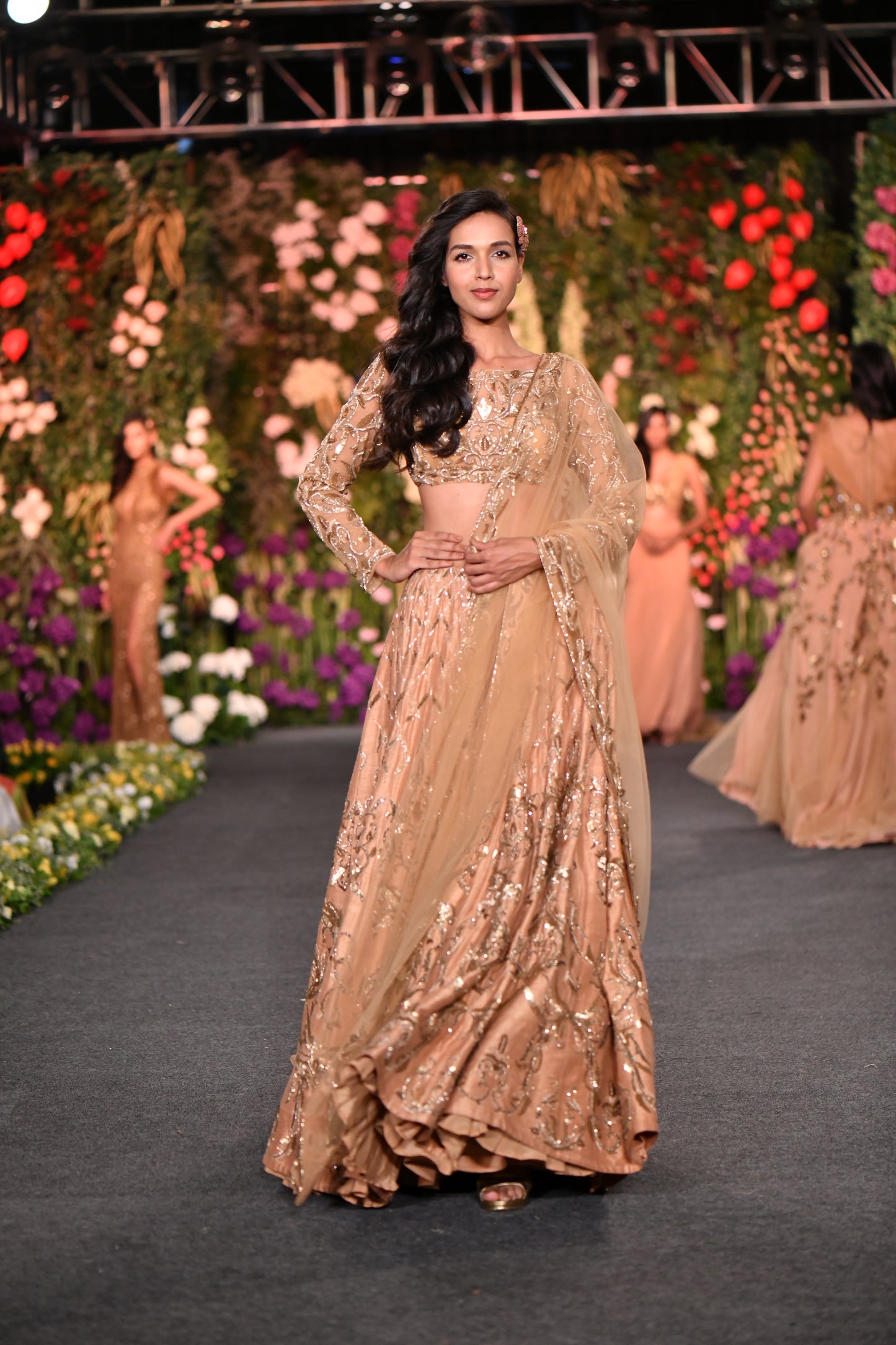 Full sleeve embellished gold lehenga