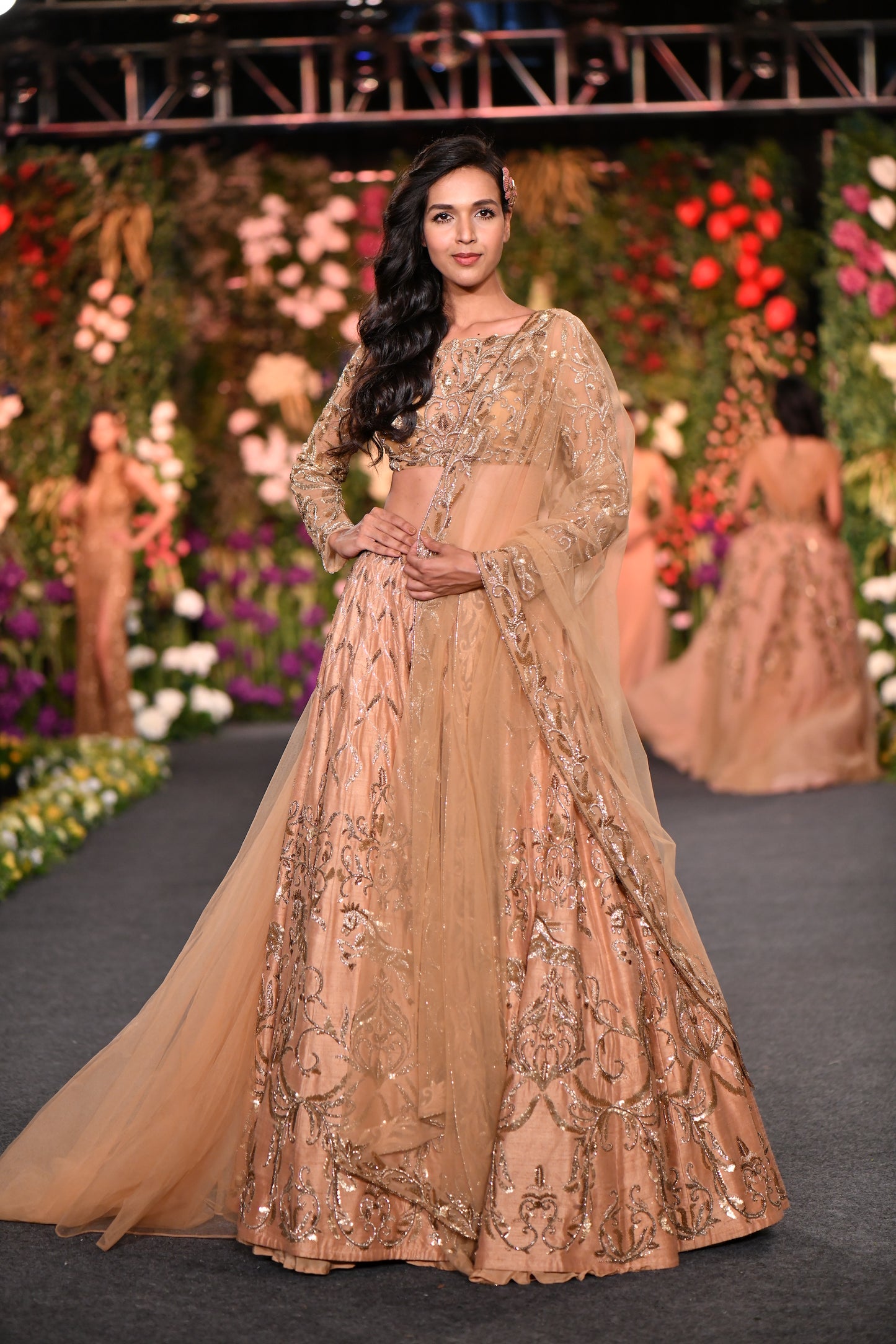 Full sleeve embellished gold lehenga