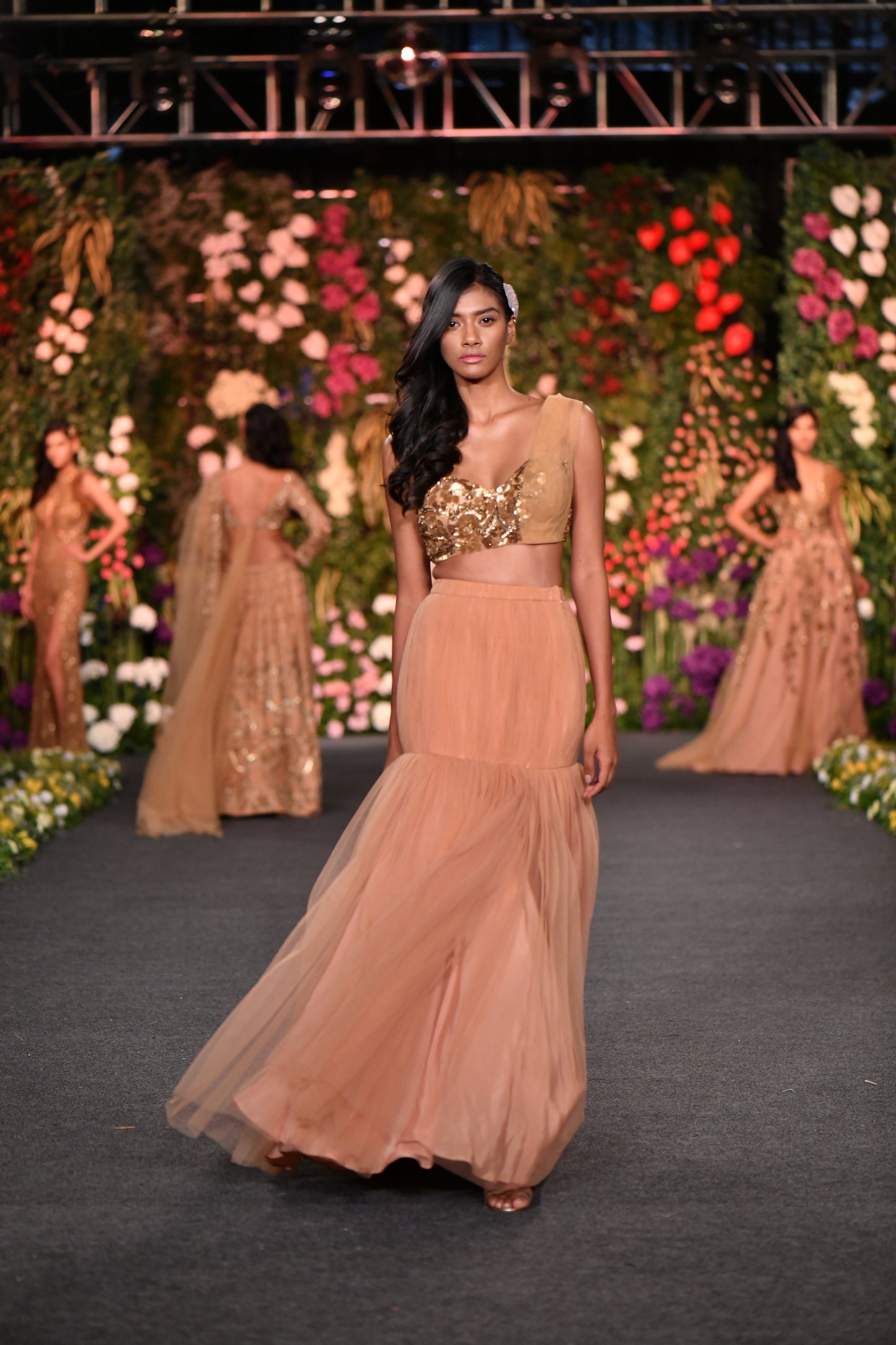 One shoulder gold lehenga