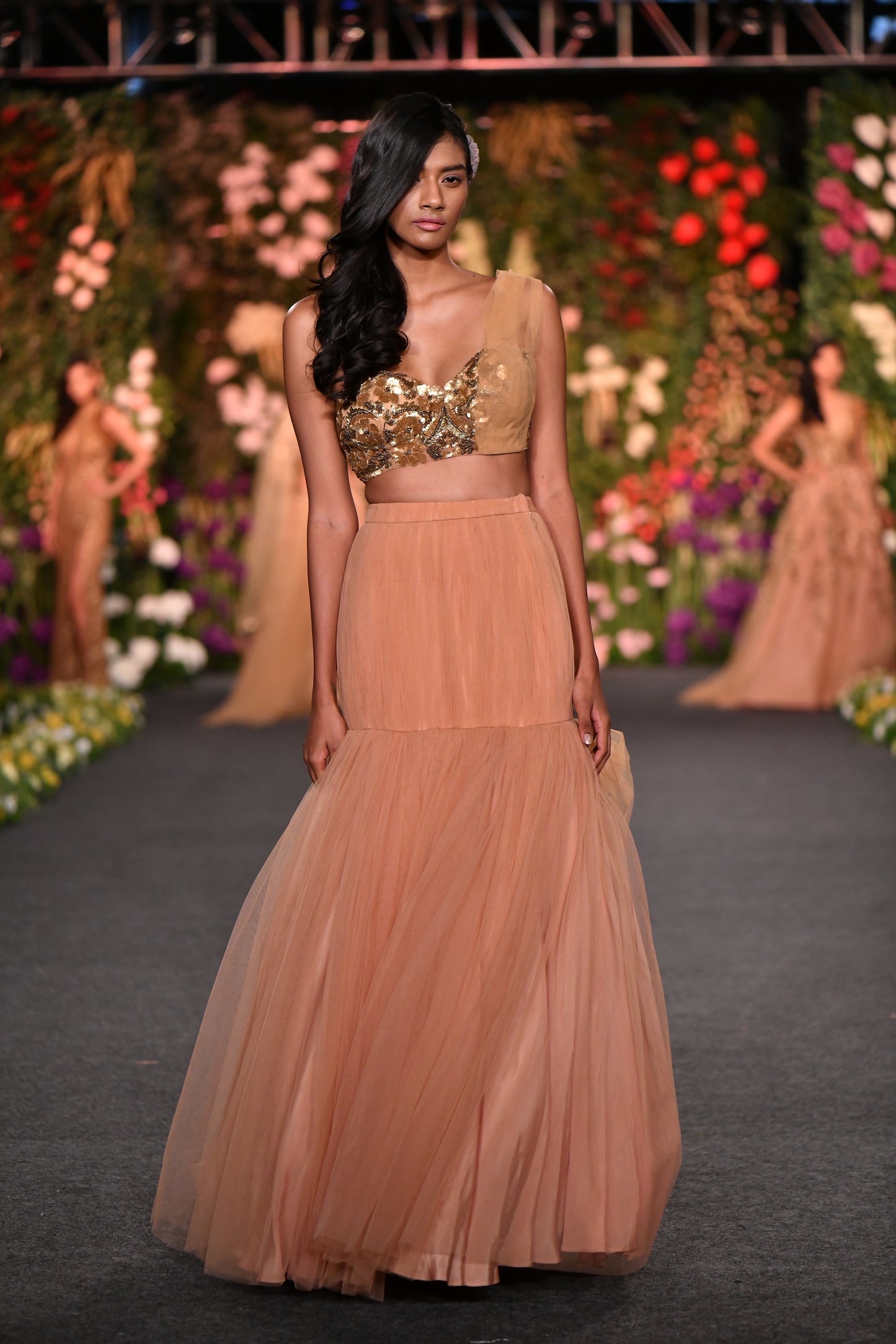One shoulder gold lehenga