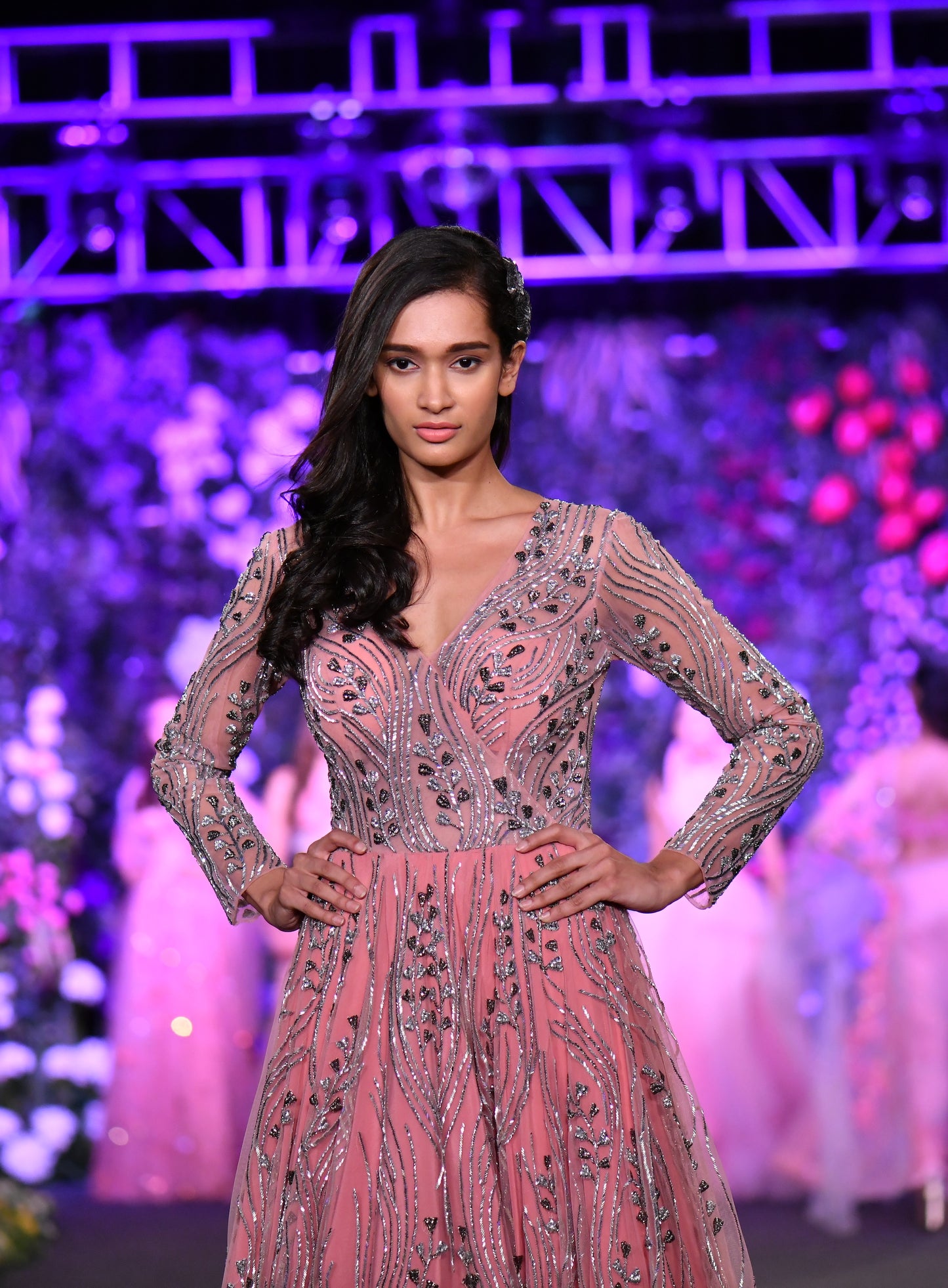 Full sleeve embellished pink gown