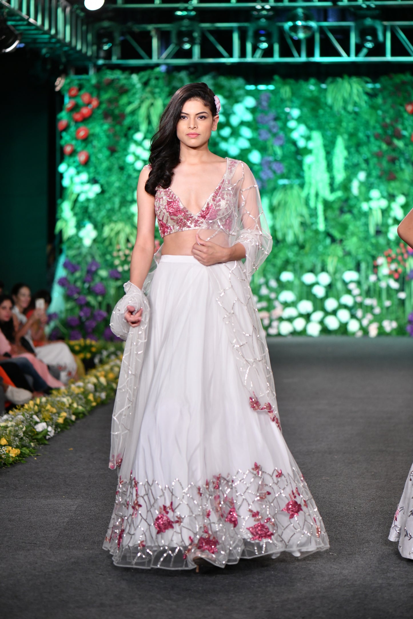 Deep neck rose embellished white lehenga
