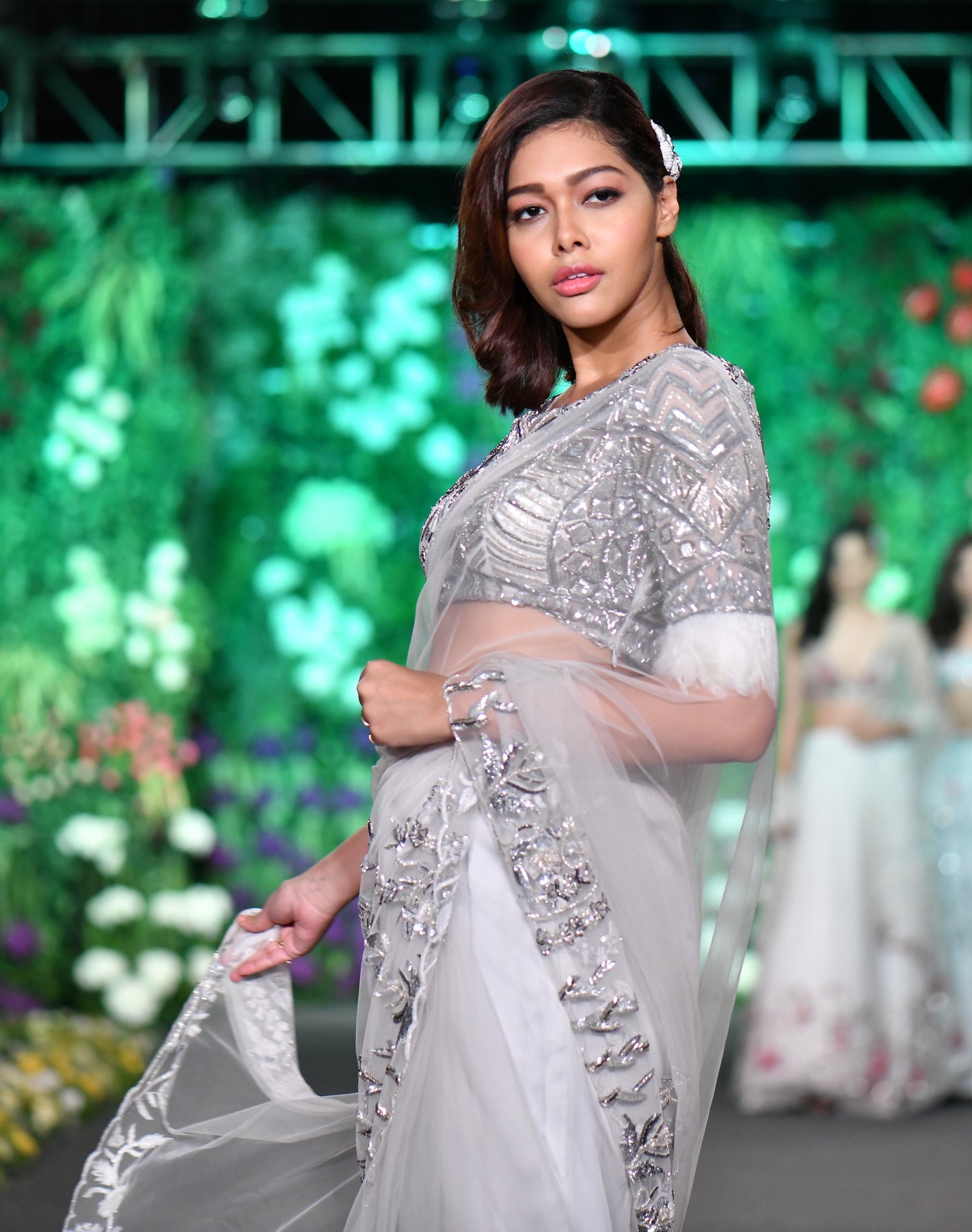 Feather blouse grey saree