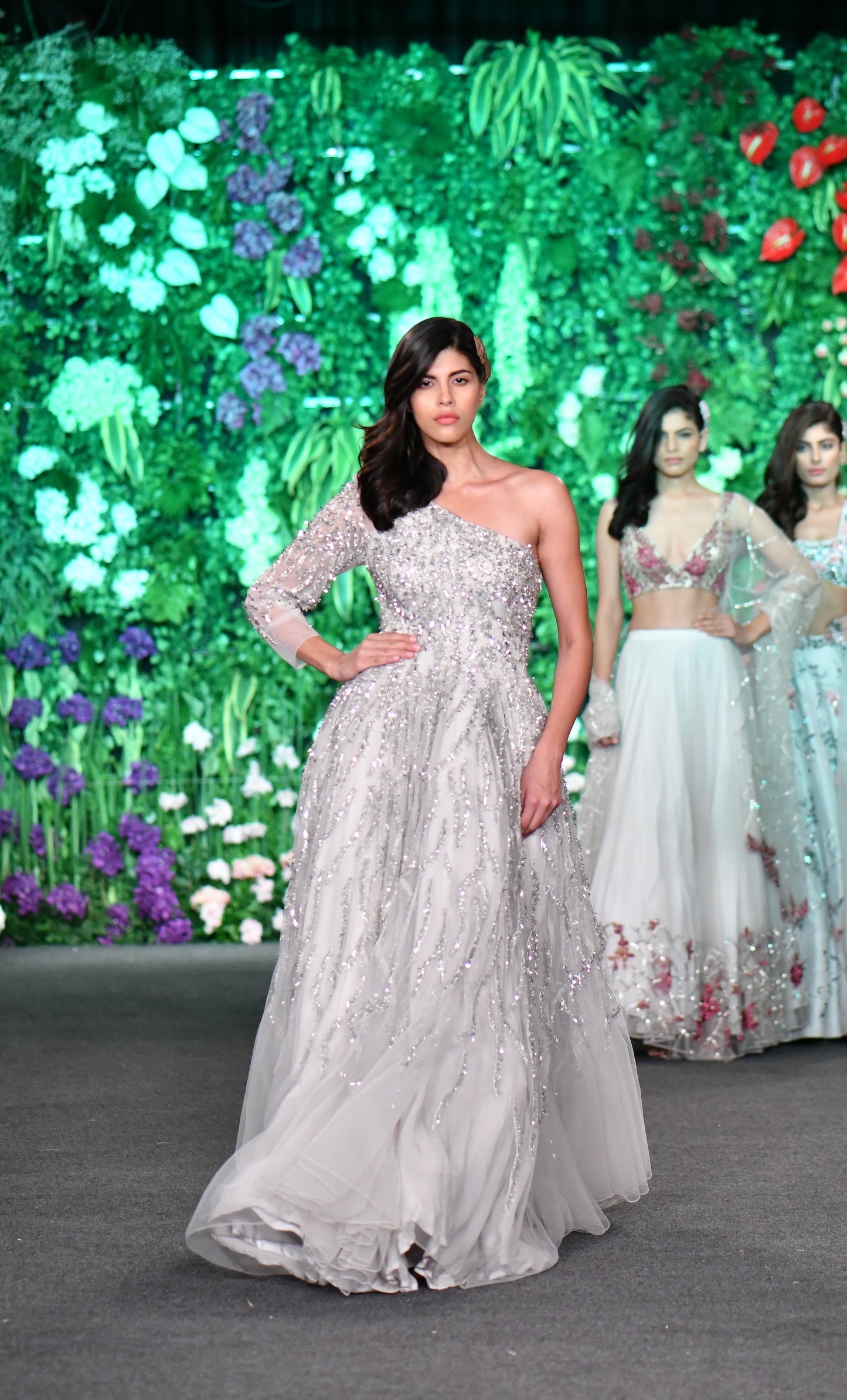 One shoulder gradiating embellished gown