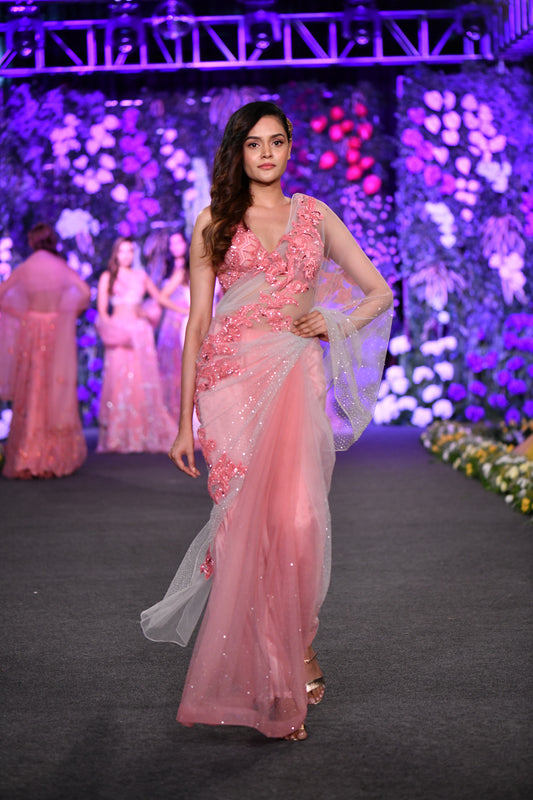 Ombre embellished pink saree