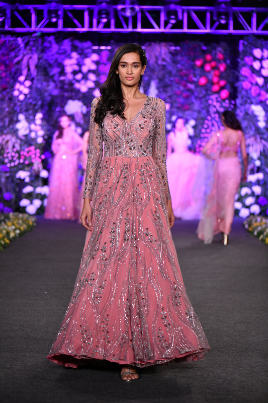 Full sleeve embellished pink gown