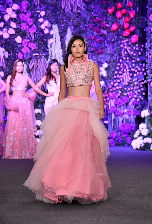 Structured high neck collared pink lehenga