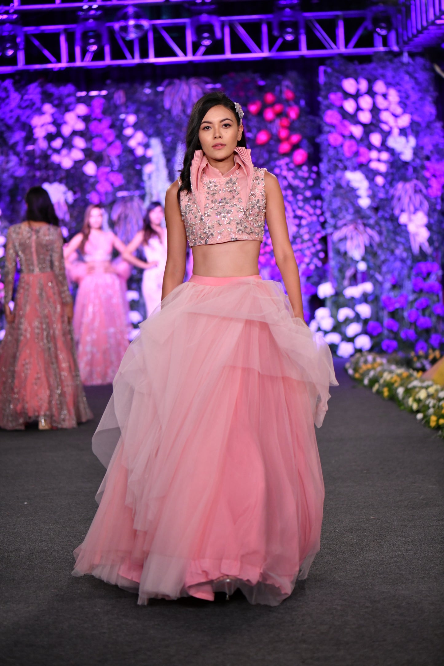 Structured high neck collared pink lehenga