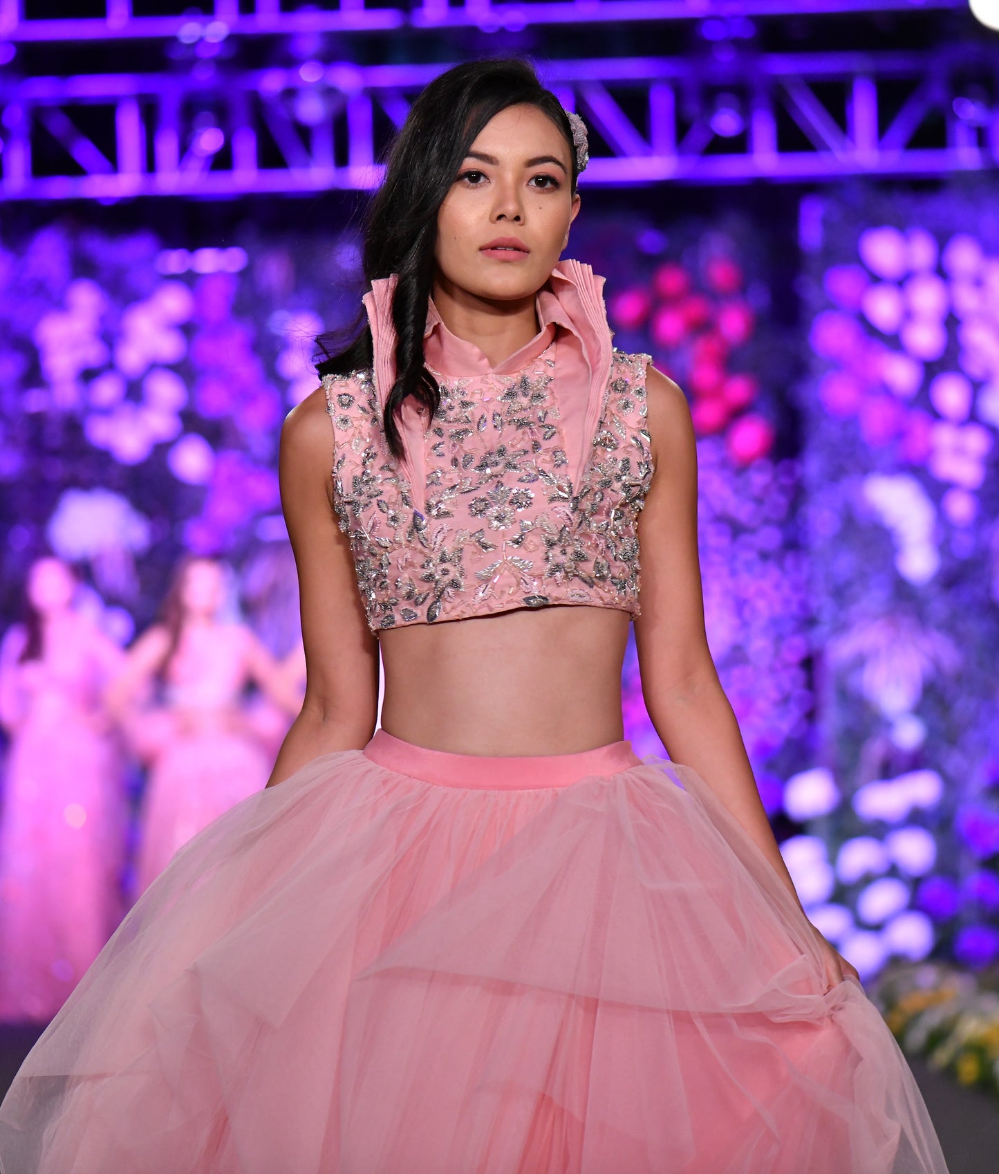 Structured high neck collared pink lehenga