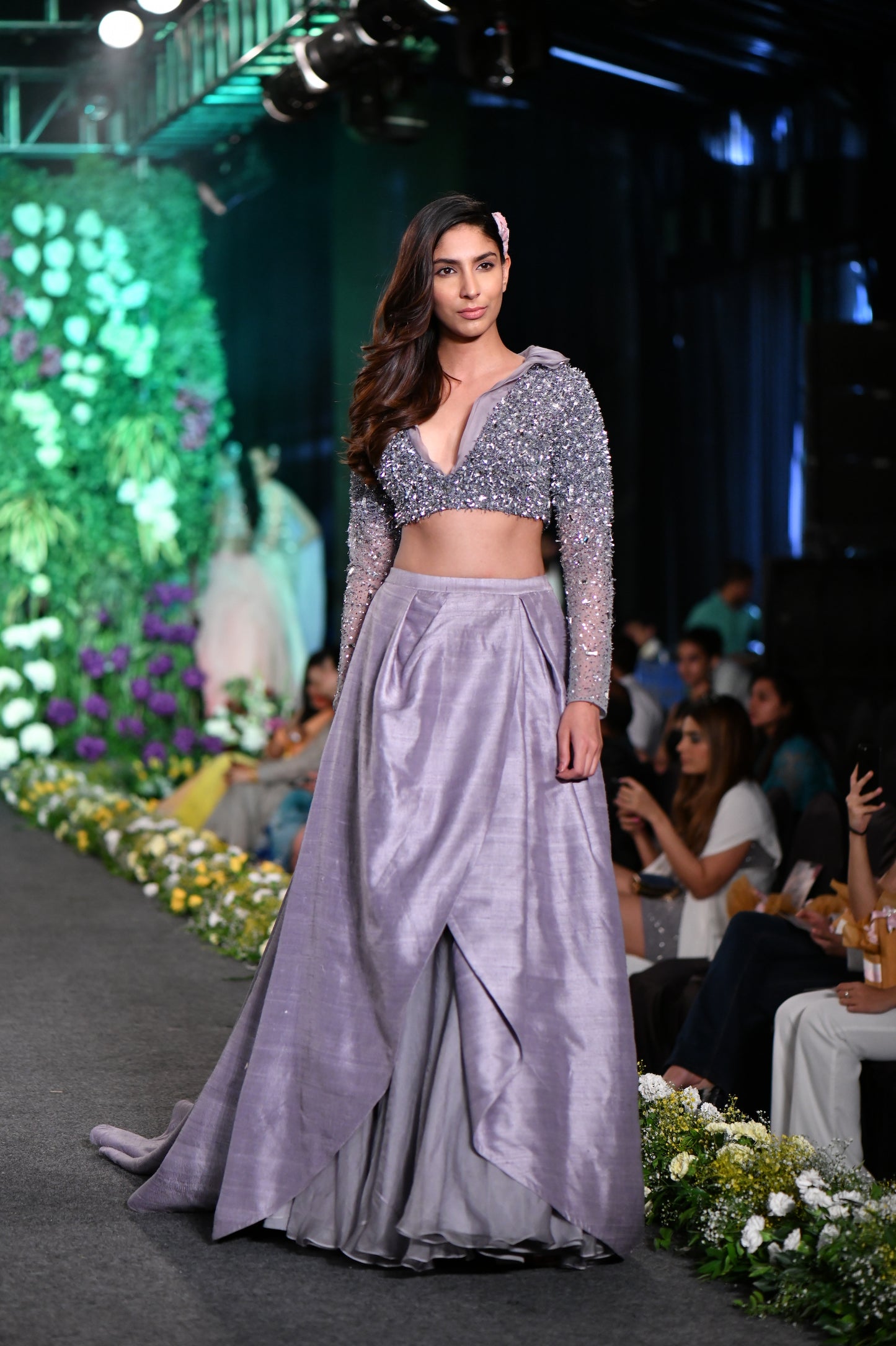 Full sleeve structured pewter grey lehenga