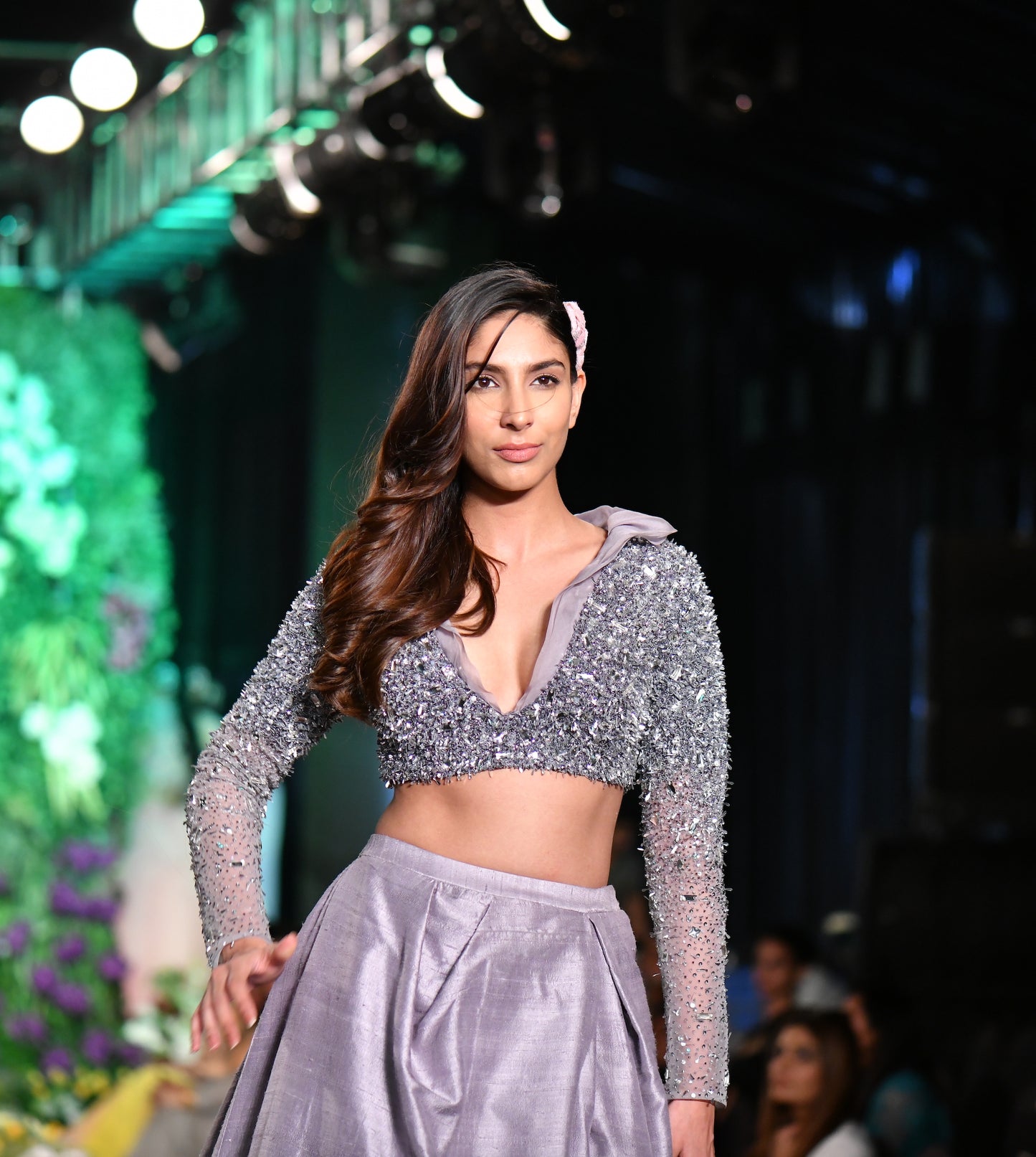 Full sleeve structured pewter grey lehenga